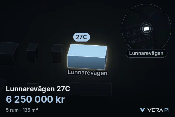 VERA PI:s bild av Lunnarevägen 27C: huset i 3D, upplyst i blått, och kartan runt omkring