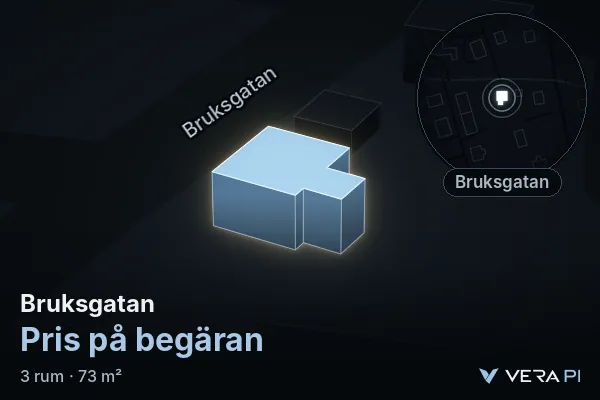 VERA PI's image of Bruksgatan: the building in 3D, lit in blue, and the map around it