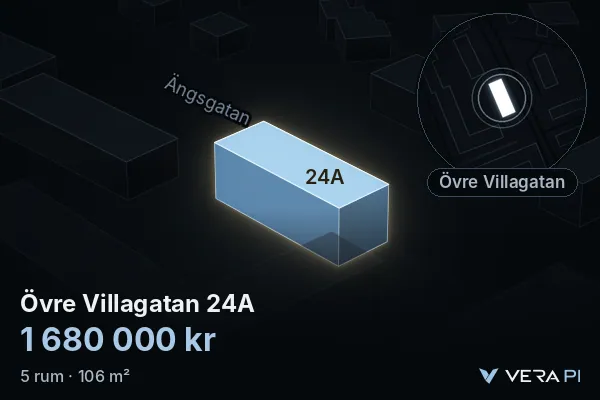 VERA PI's image of Övre Villagatan 24A: the building in 3D, lit in blue, and the map around it