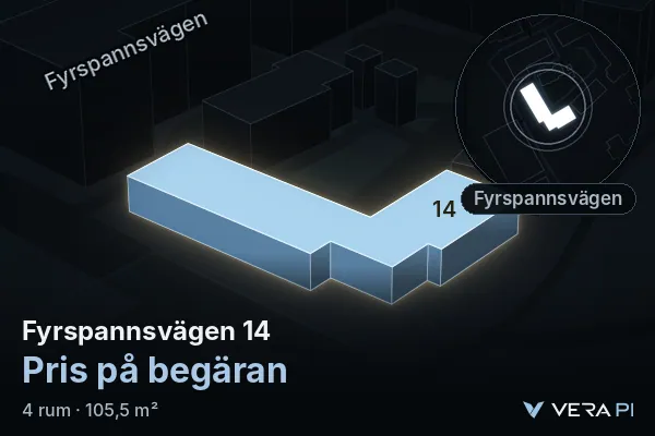 VERA PI:s bild av Fyrspannsvägen 14: huset i 3D, upplyst i blått, och kartan runt omkring
