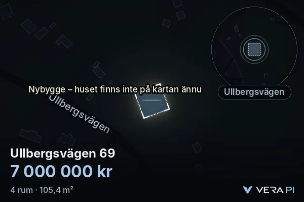 VERA PI's image of Ullbergsvägen 69: the building in 3D, lit in blue, and the map around it