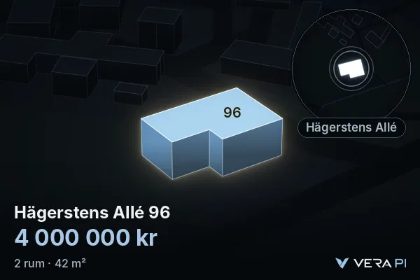 VERA PI:s bild av Hägerstens Allé 96: huset i 3D, upplyst i blått, och kartan runt omkring