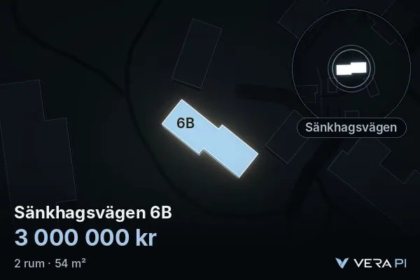 VERA PI's image of Sänkhagsvägen 6B: the building in 3D, lit in blue, and the map around it