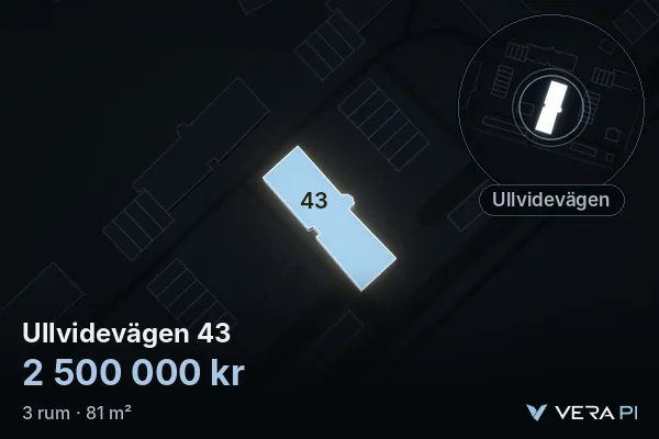 VERA PI's image of Ullvidevägen 43: the building in 3D, lit in blue, and the map around it