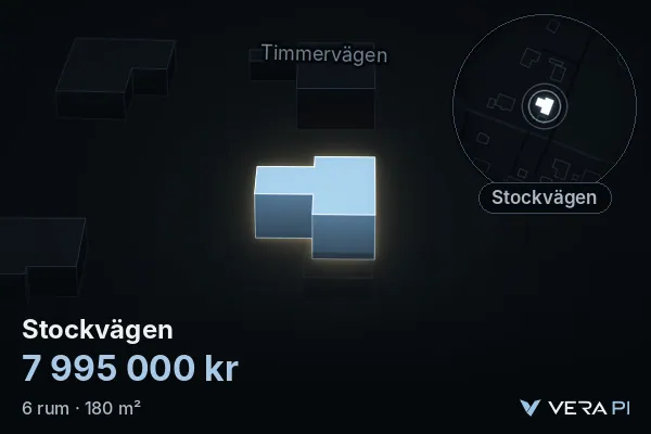 VERA PI:s bild av Stockvägen: huset i 3D, upplyst i blått, och kartan runt omkring