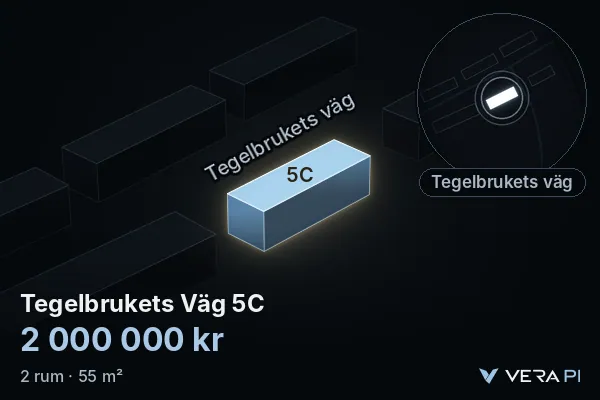 VERA PI's image of Tegelbrukets Väg 5C: the building in 3D, lit in blue, and the map around it