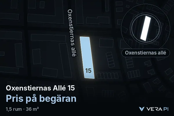 VERA PI:s bild av Oxenstiernas Allé 15: huset i 3D, upplyst i blått, och kartan runt omkring