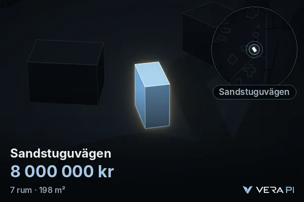 VERA PI's image of Sandstuguvägen: the building in 3D, lit in blue, and the map around it