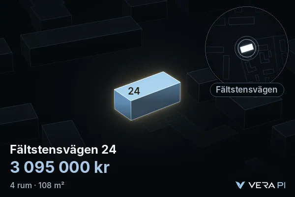 VERA PI:s bild av Fältstensvägen 24: huset i 3D, upplyst i blått, och kartan runt omkring