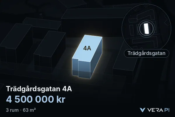 VERA PI:s bild av Trädgårdsgatan 4A: huset i 3D, upplyst i blått, och kartan runt omkring
