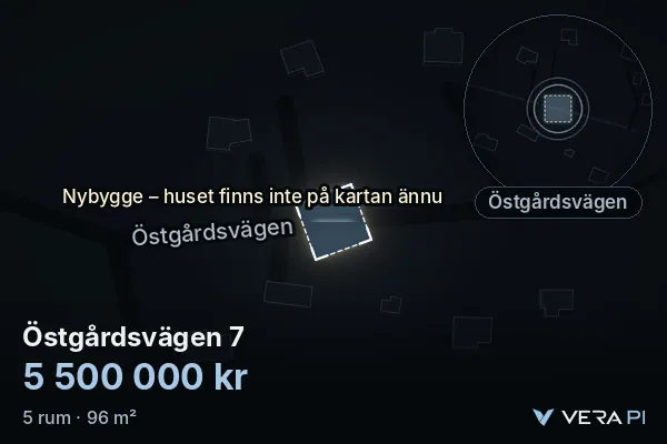 VERA PI's image of Östgårdsvägen 7: the building in 3D, lit in blue, and the map around it