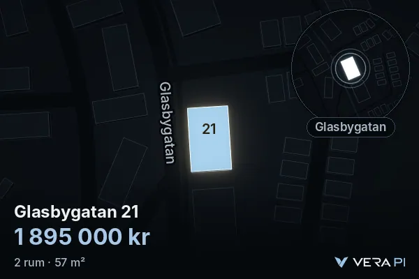 VERA PI's image of Glasbygatan 21: the building in 3D, lit in blue, and the map around it