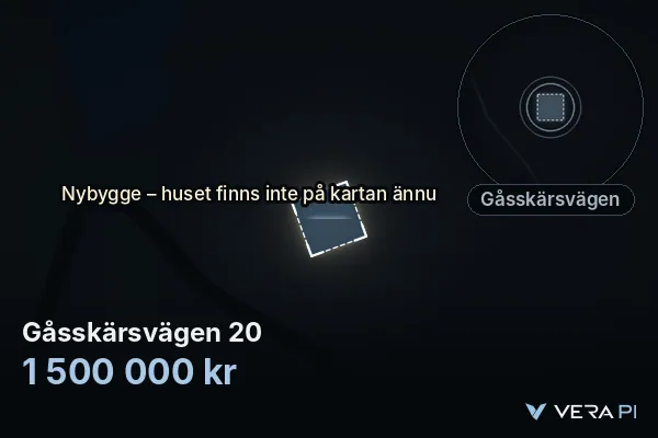 VERA PI's image of Gåsskärsvägen 20: the building in 3D, lit in blue, and the map around it