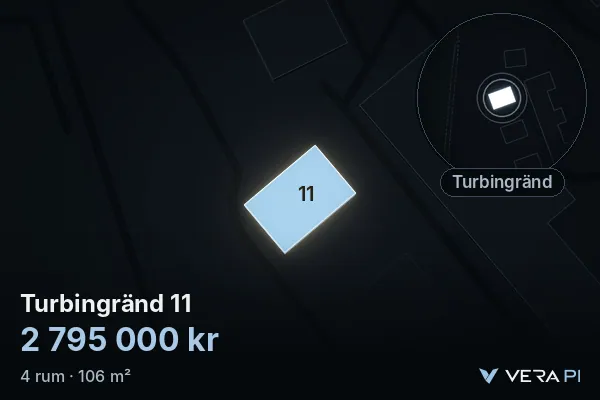 VERA PI's image of Turbingränd 11: the building in 3D, lit in blue, and the map around it