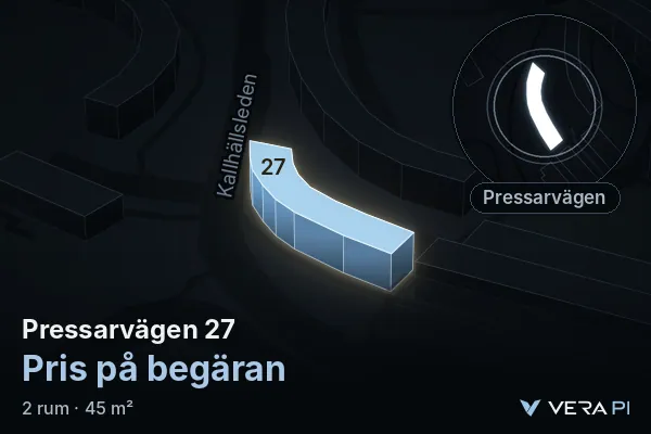 VERA PI's image of Pressarvägen 27: the building in 3D, lit in blue, and the map around it