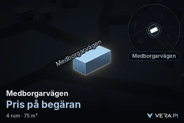 VERA PI's image of Medborgarvägen: the building in 3D, lit in blue, and the map around it