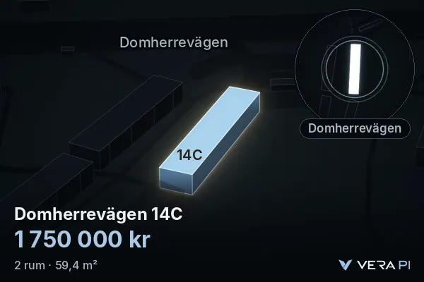 VERA PI:s bild av Domherrevägen 14C: huset i 3D, upplyst i blått, och kartan runt omkring