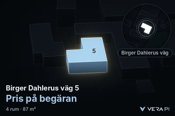 VERA PI's image of Birger Dahlerus väg 5: the building in 3D, lit in blue, and the map around it