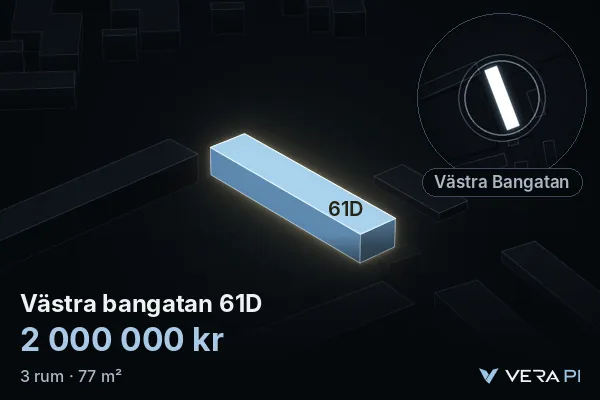 VERA PI:s bild av Västra bangatan 61D: huset i 3D, upplyst i blått, och kartan runt omkring