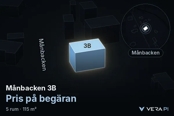 VERA PI:s bild av Månbacken 3B: huset i 3D, upplyst i blått, och kartan runt omkring