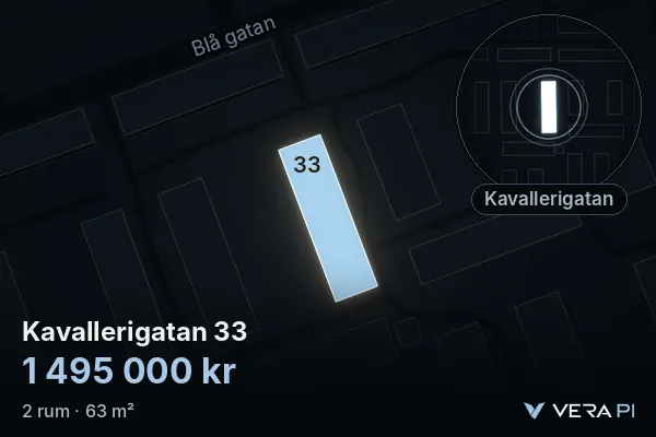 VERA PI:s bild av Kavallerigatan 33: huset i 3D, upplyst i blått, och kartan runt omkring