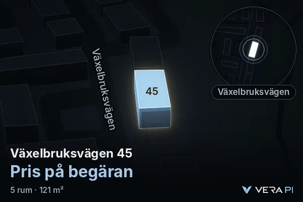 VERA PI:s bild av Växelbruksvägen 45: huset i 3D, upplyst i blått, och kartan runt omkring