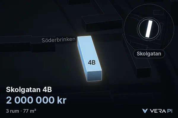 VERA PI's image of Skolgatan 4B: the building in 3D, lit in blue, and the map around it
