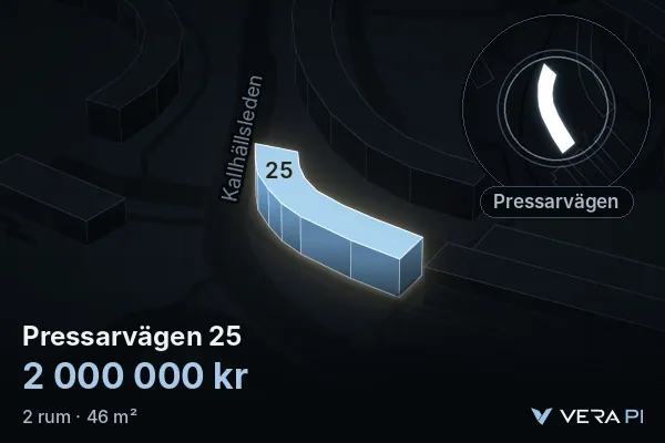 VERA PI's image of Pressarvägen 25: the building in 3D, lit in blue, and the map around it