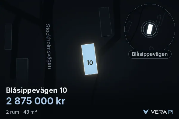 VERA PI's image of Blåsippevägen 10: the building in 3D, lit in blue, and the map around it