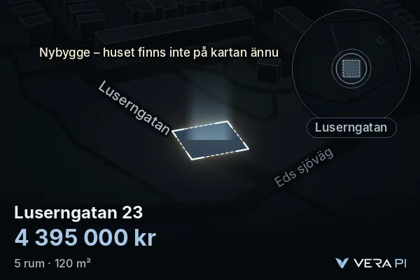 VERA PI:s bild av Luserngatan 23: huset i 3D, upplyst i blått, och kartan runt omkring