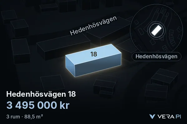 VERA PI:s bild av Hedenhösvägen 18: huset i 3D, upplyst i blått, och kartan runt omkring
