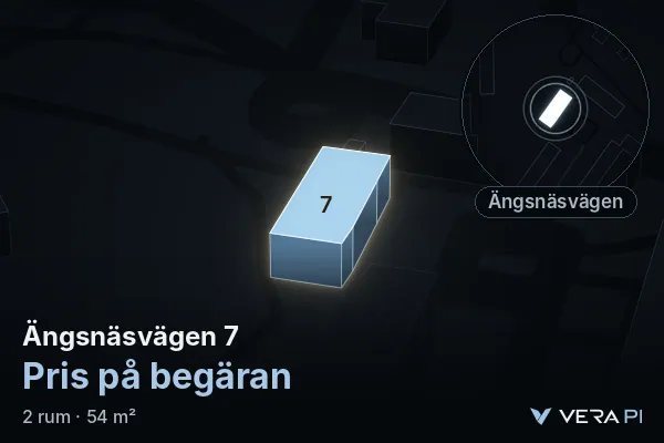 VERA PI:s bild av Ängsnäsvägen 7: huset i 3D, upplyst i blått, och kartan runt omkring