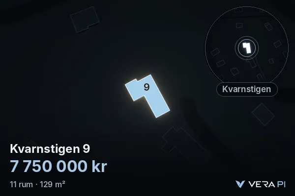 VERA PI's image of Kvarnstigen 9: the building in 3D, lit in blue, and the map around it