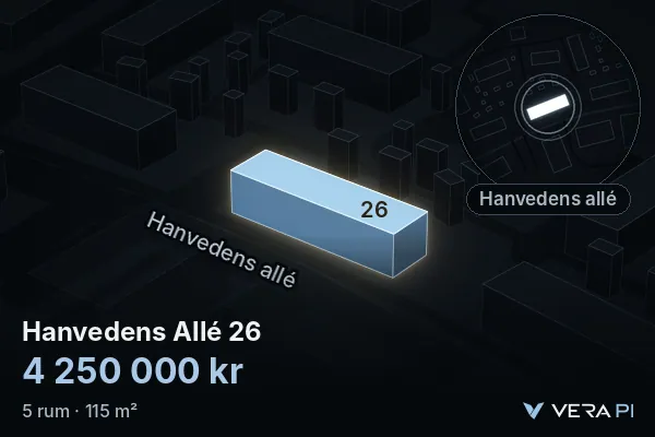 VERA PI's image of Hanvedens Allé 26: the building in 3D, lit in blue, and the map around it