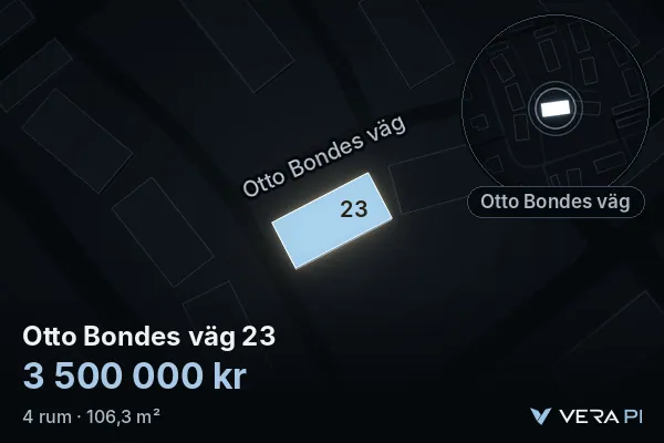 VERA PI:s bild av Otto Bondes väg 23: huset i 3D, upplyst i blått, och kartan runt omkring
