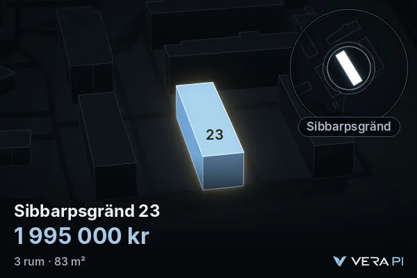VERA PI's image of Sibbarpsgränd 23: the building in 3D, lit in blue, and the map around it