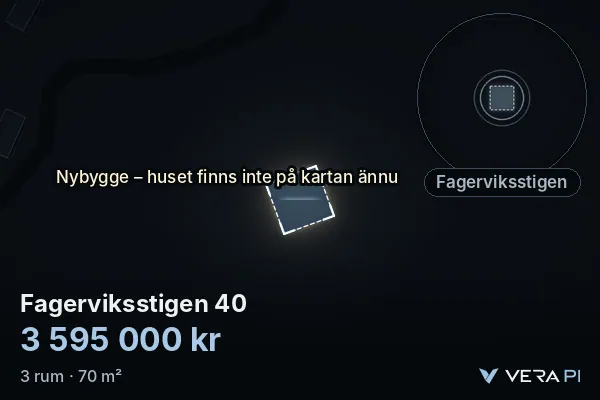 VERA PI's image of Fagerviksstigen 40: the building in 3D, lit in blue, and the map around it