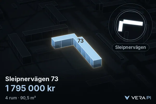 VERA PI's image of Sleipnervägen 73: the building in 3D, lit in blue, and the map around it