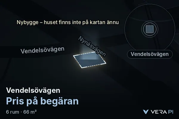 VERA PI:s bild av Vendelsövägen: huset i 3D, upplyst i blått, och kartan runt omkring