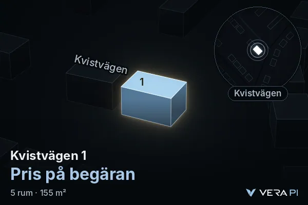 VERA PI:s bild av Kvistvägen 1: huset i 3D, upplyst i blått, och kartan runt omkring