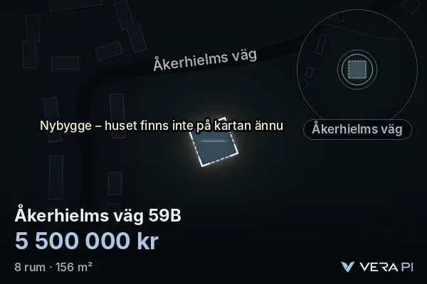 VERA PI:s bild av Åkerhielms väg 59B: huset i 3D, upplyst i blått, och kartan runt omkring