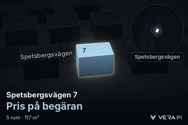 VERA PI:s bild av Spetsbergsvägen 7: huset i 3D, upplyst i blått, och kartan runt omkring
