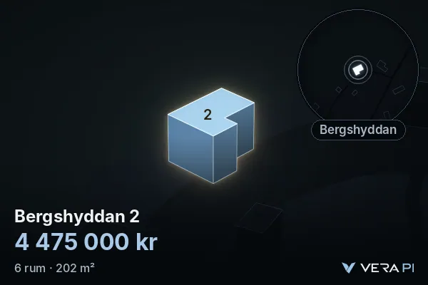 VERA PI:s bild av Bergshyddan 2: huset i 3D, upplyst i blått, och kartan runt omkring