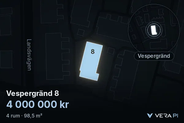 VERA PI's image of Vespergränd 8: the building in 3D, lit in blue, and the map around it