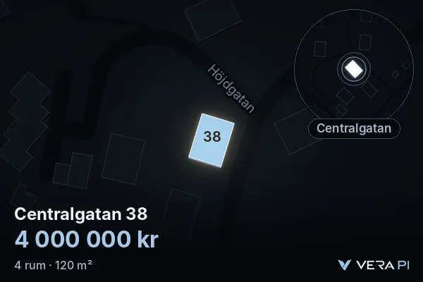 VERA PI:s bild av Centralgatan 38: huset i 3D, upplyst i blått, och kartan runt omkring