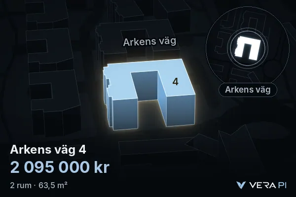 VERA PI:s bild av Arkens väg 4: huset i 3D, upplyst i blått, och kartan runt omkring