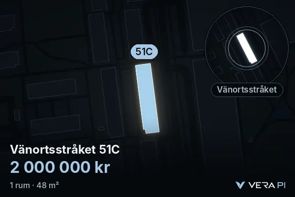 VERA PI's image of Vänortsstråket 51C: the building in 3D, lit in blue, and the map around it