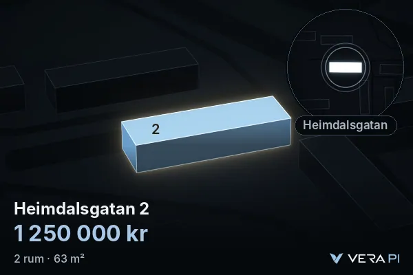 VERA PI's image of Heimdalsgatan 2: the building in 3D, lit in blue, and the map around it