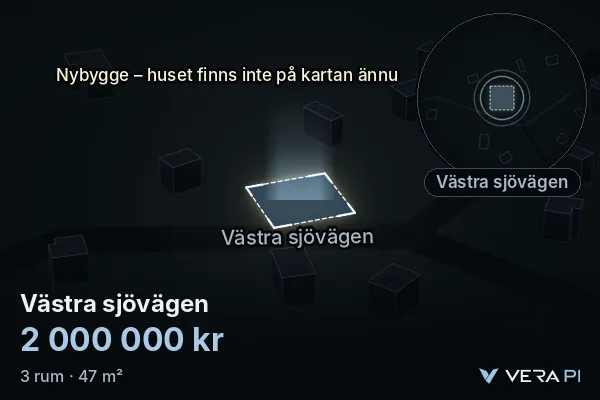 VERA PI:s bild av Västra sjövägen: huset i 3D, upplyst i blått, och kartan runt omkring