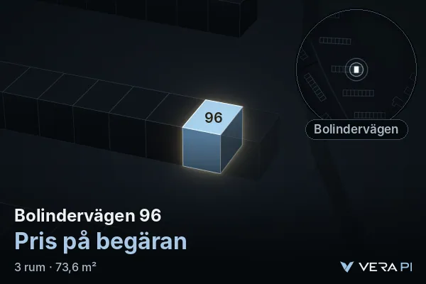 VERA PI's image of Bolindervägen 96: the building in 3D, lit in blue, and the map around it